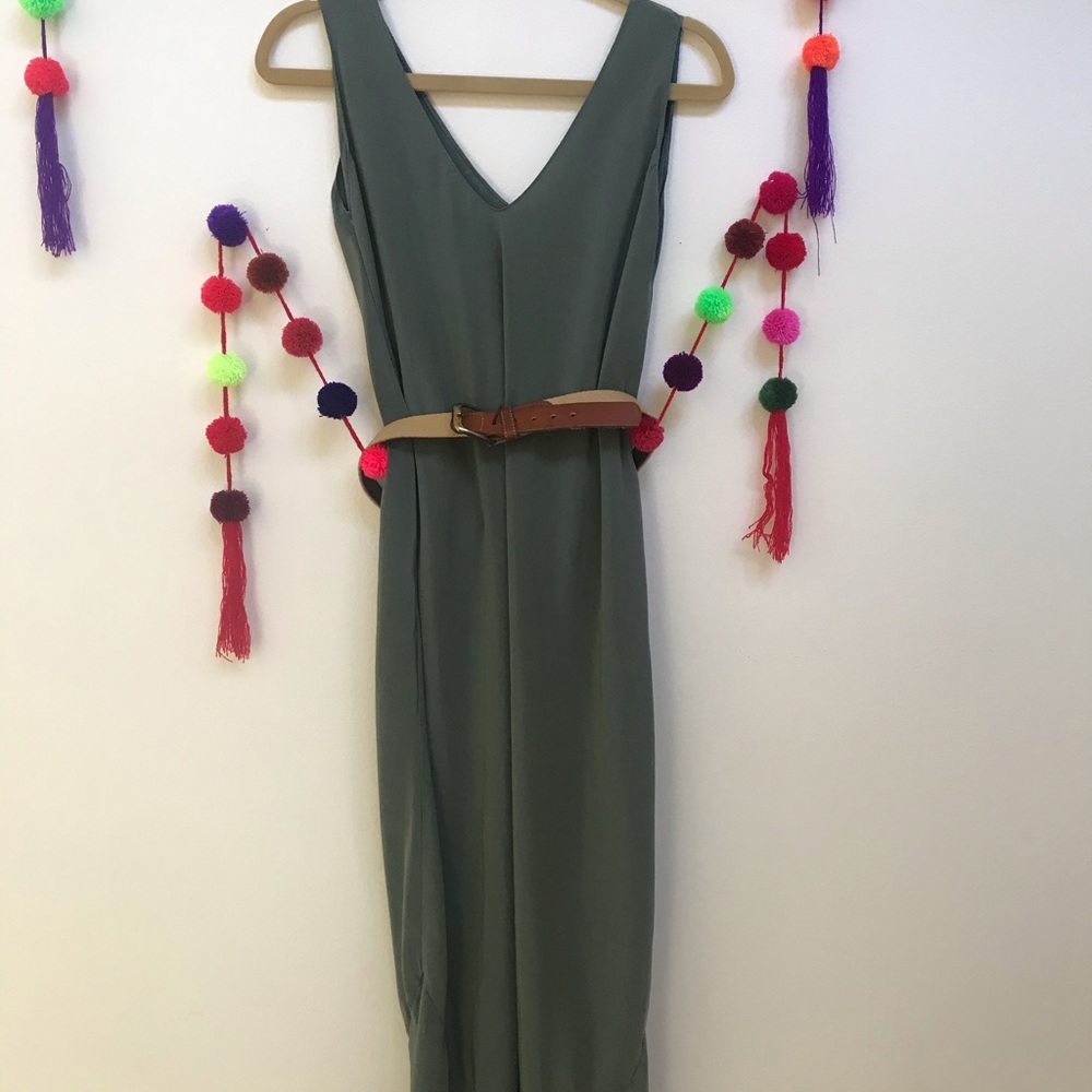 Vintage Silk V neck Sage Color long Dress